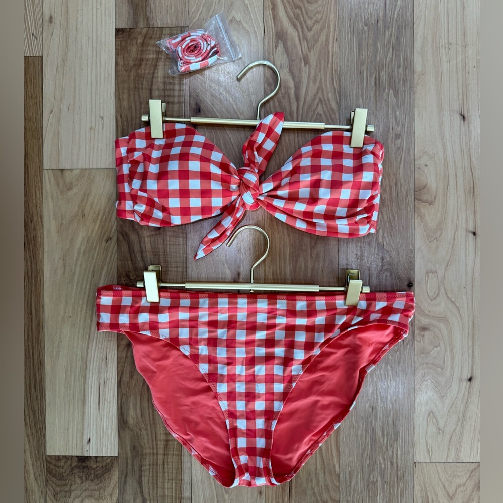 aerie Red and White Gingham Tie-Front Bandeau Bikini